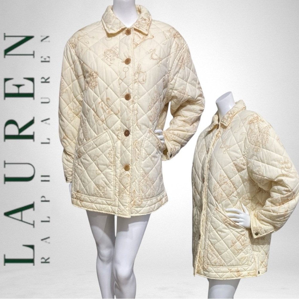 Lauren Ralph Lauren Quilted Cream Equestrian Print Button Utility Jacket Medium